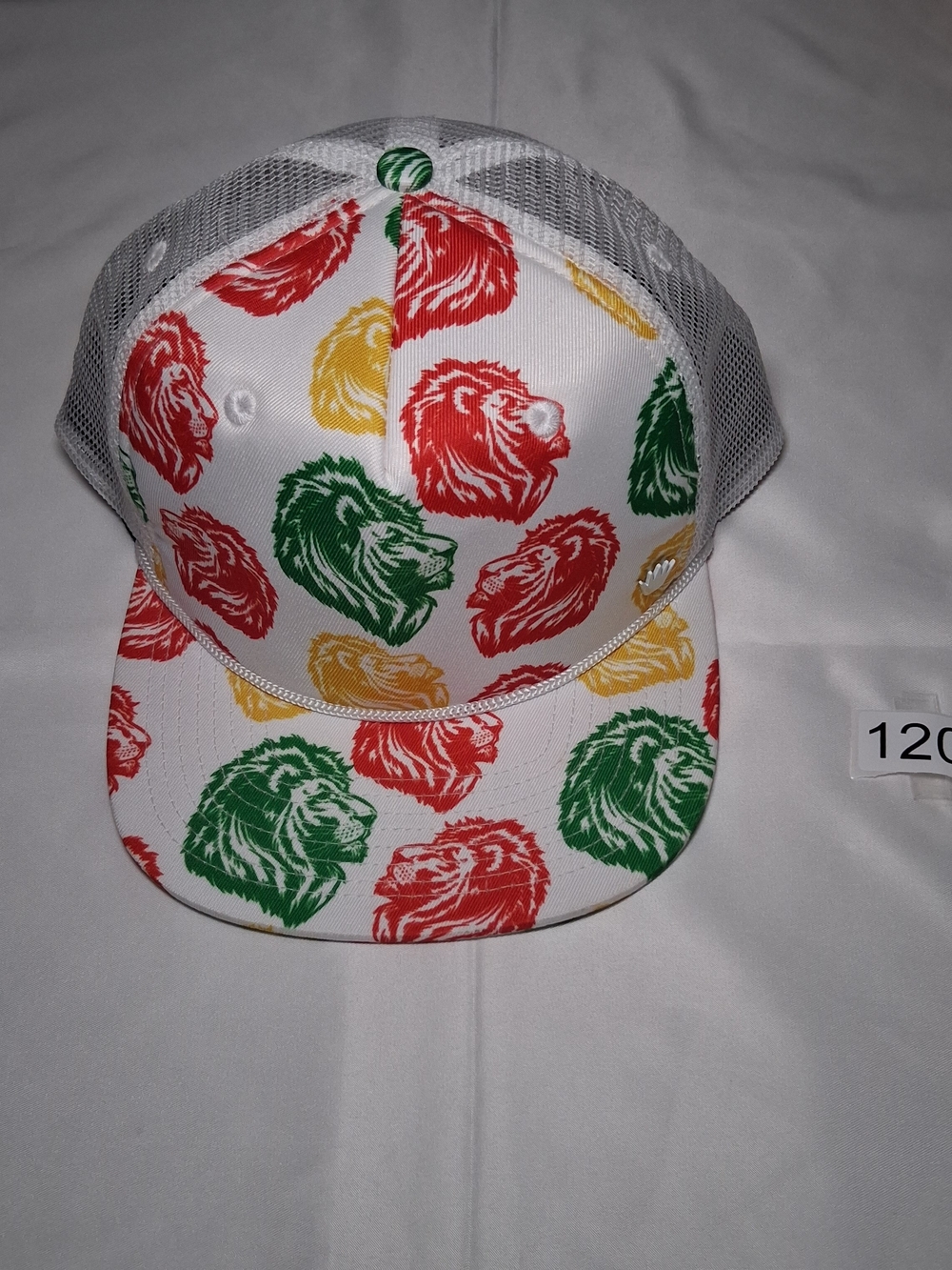 White Trucker Hat with Red, Green & Yellow Lion Print